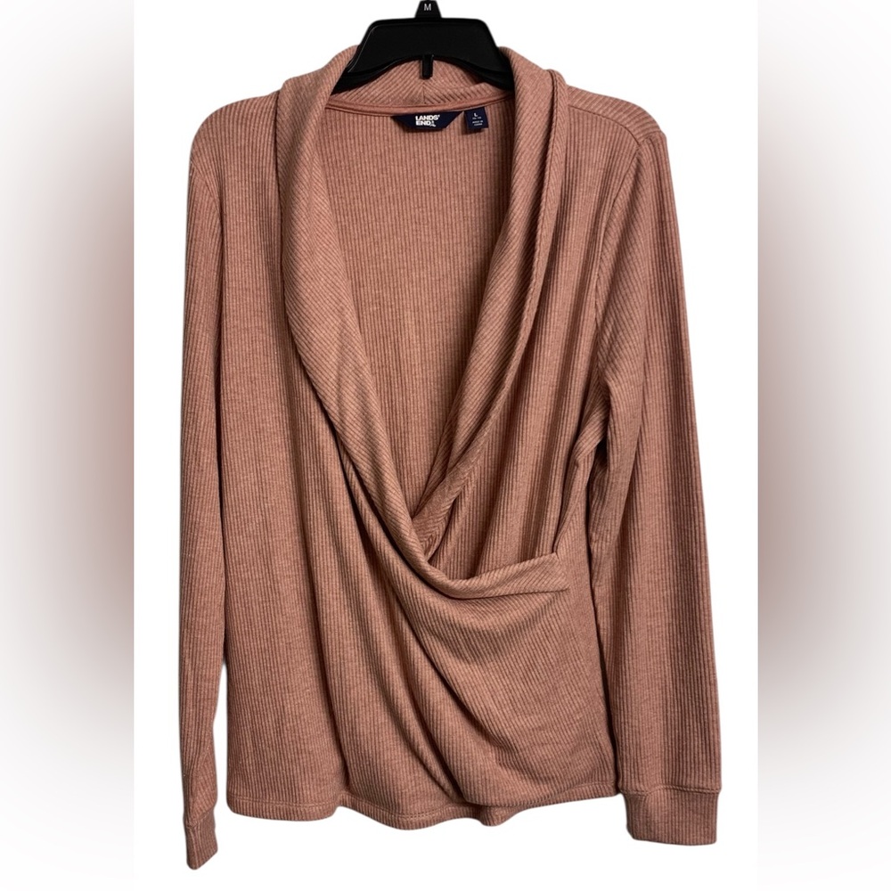 Lands End L Rib Knit Wrap Soft Cozy Sweater Dusty Rose